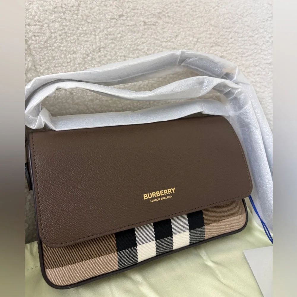 Burberry Brown Leather Crossbody Bag with Signature Check NEW EBONY BROWN - Picture 3 of 10